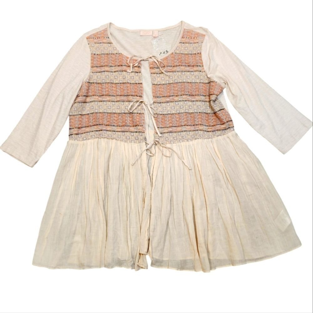 LOGO Lori Goldstein Boho Embroidered‎ Cardigan Tunic Cream M Boho Western Hippie